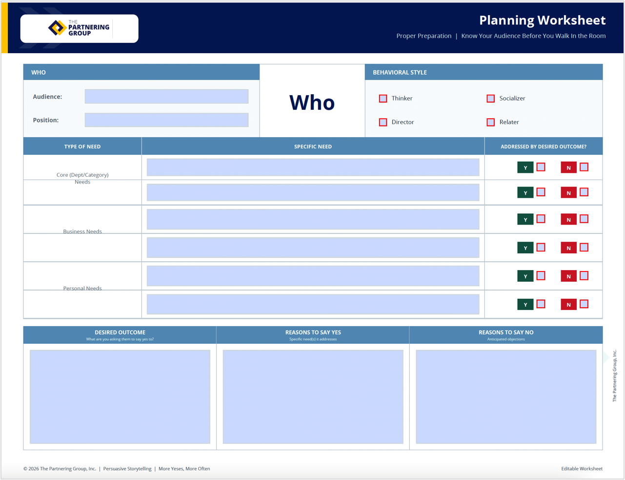 Preview of the Proper Prep Planning Worksheet showing audience, behavioral style, needs, and desired outcome sections.