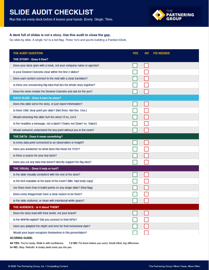 Preview of the Slide Audit Checklist showing audit questions across story, slides, data, visuals, and audience sections.